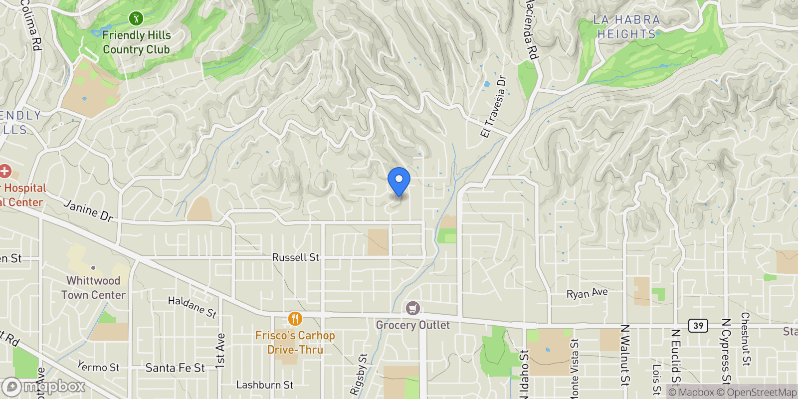 Map showing 16875 Sausalito Drive, Whittier, California, United States.
