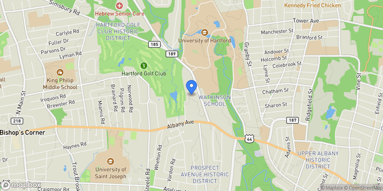 Map showing 111 Bloomfield Avenue, West Hartford, CT, 06105, USA, Hartford, Connecticut, United States.