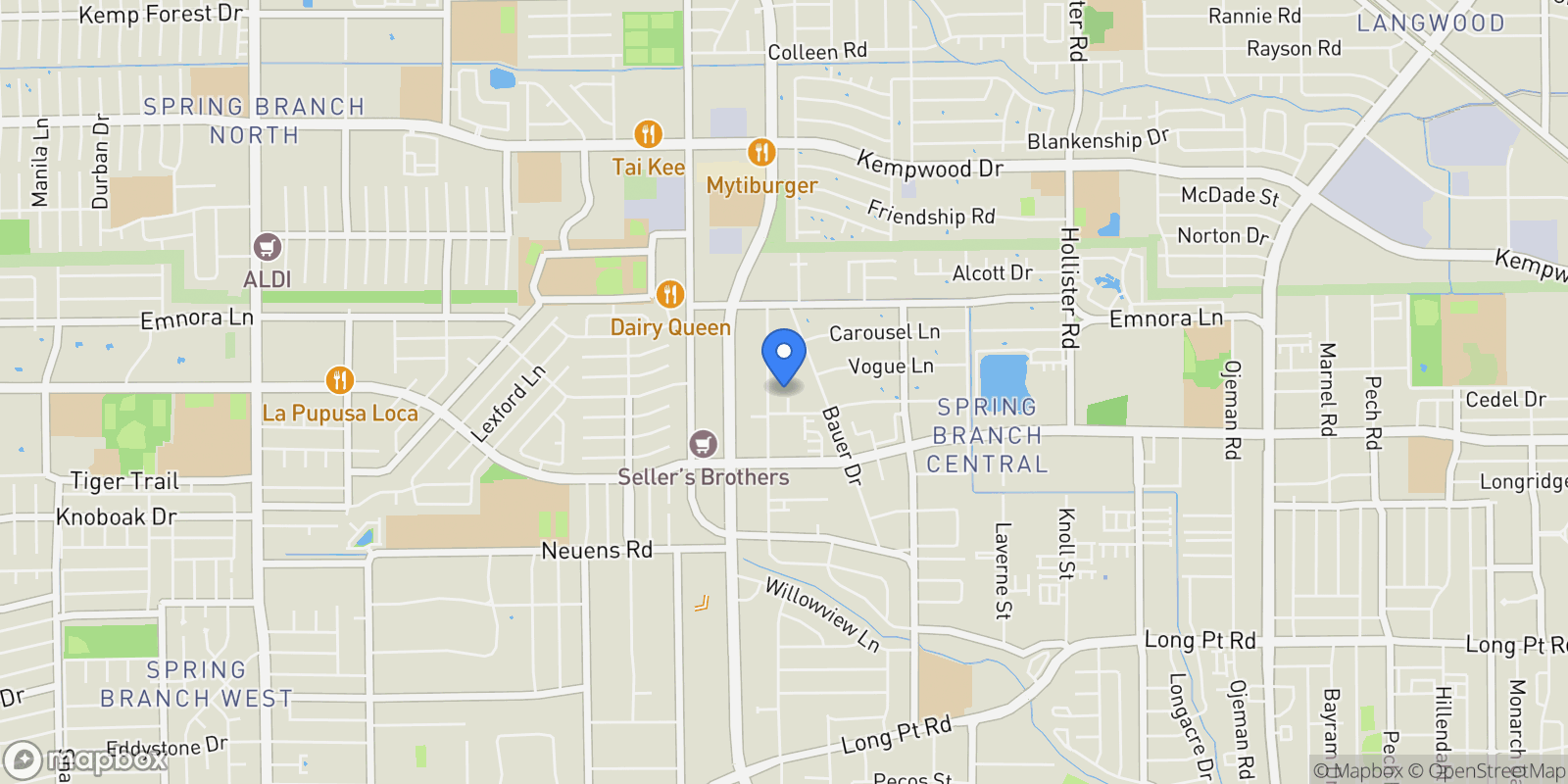 Map showing 2214 Hoskins Drive, Houston, Texas, United States.