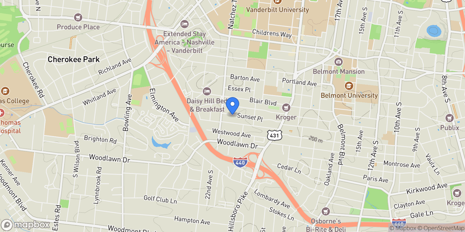 Map showing 2609 Sunset Pl, Nashville, Tennessee, United States.