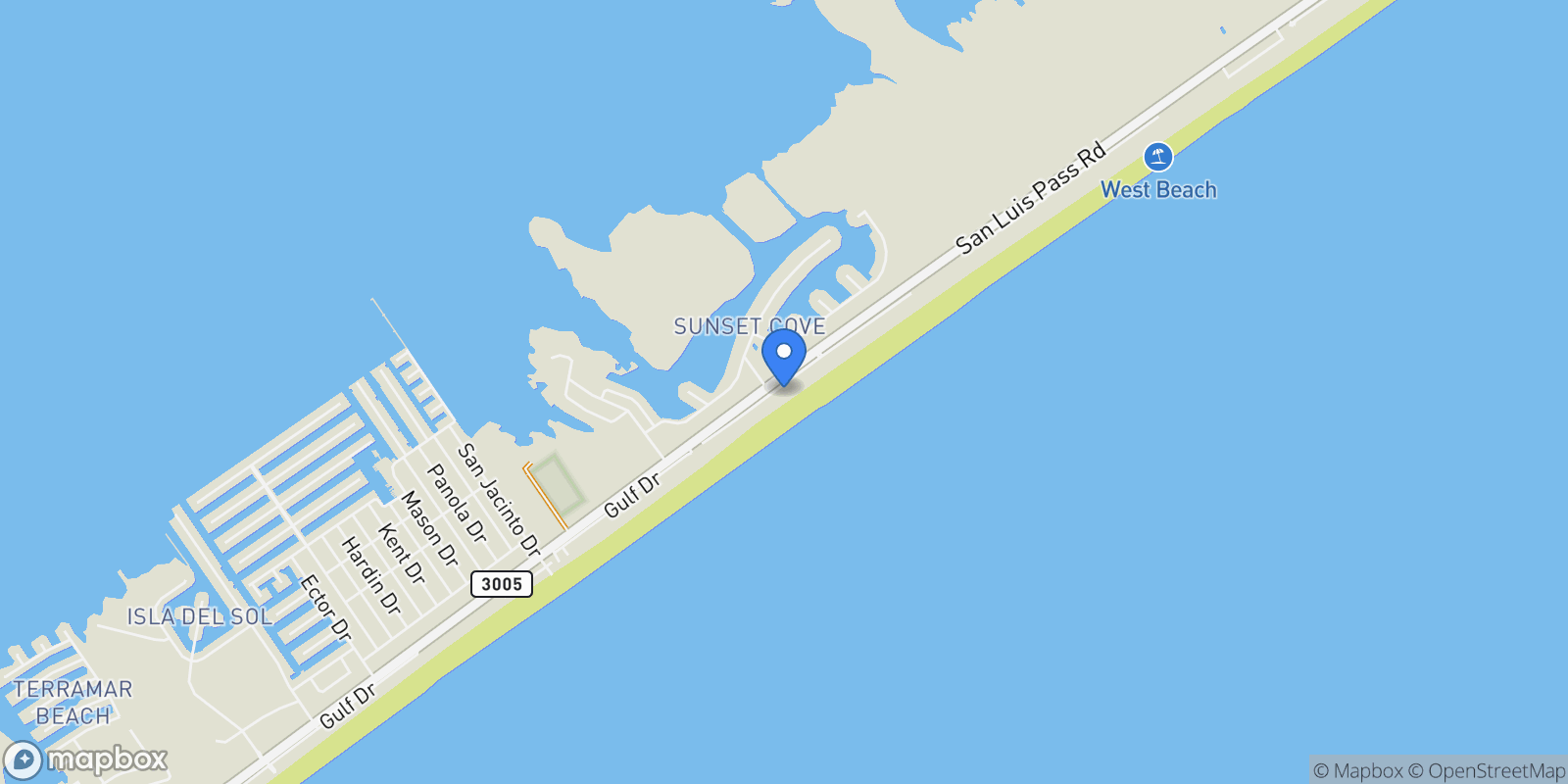 Map showing 20911 W Sand Hill Drive, Galveston, Texas, United States.