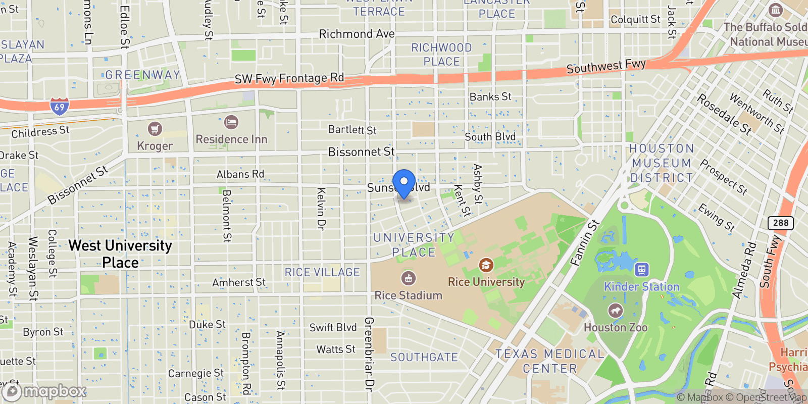 Map showing 2129 Quenby Street, Houston, Texas, United States.