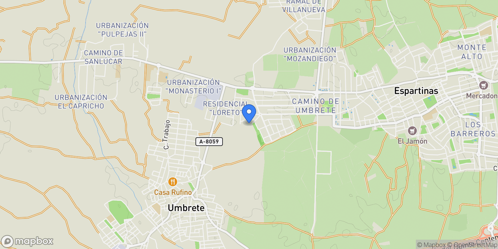 Map showing Loreto, Espartinas, SEVILLA, Espartinas, Espartinas, Andalusia, Spain.