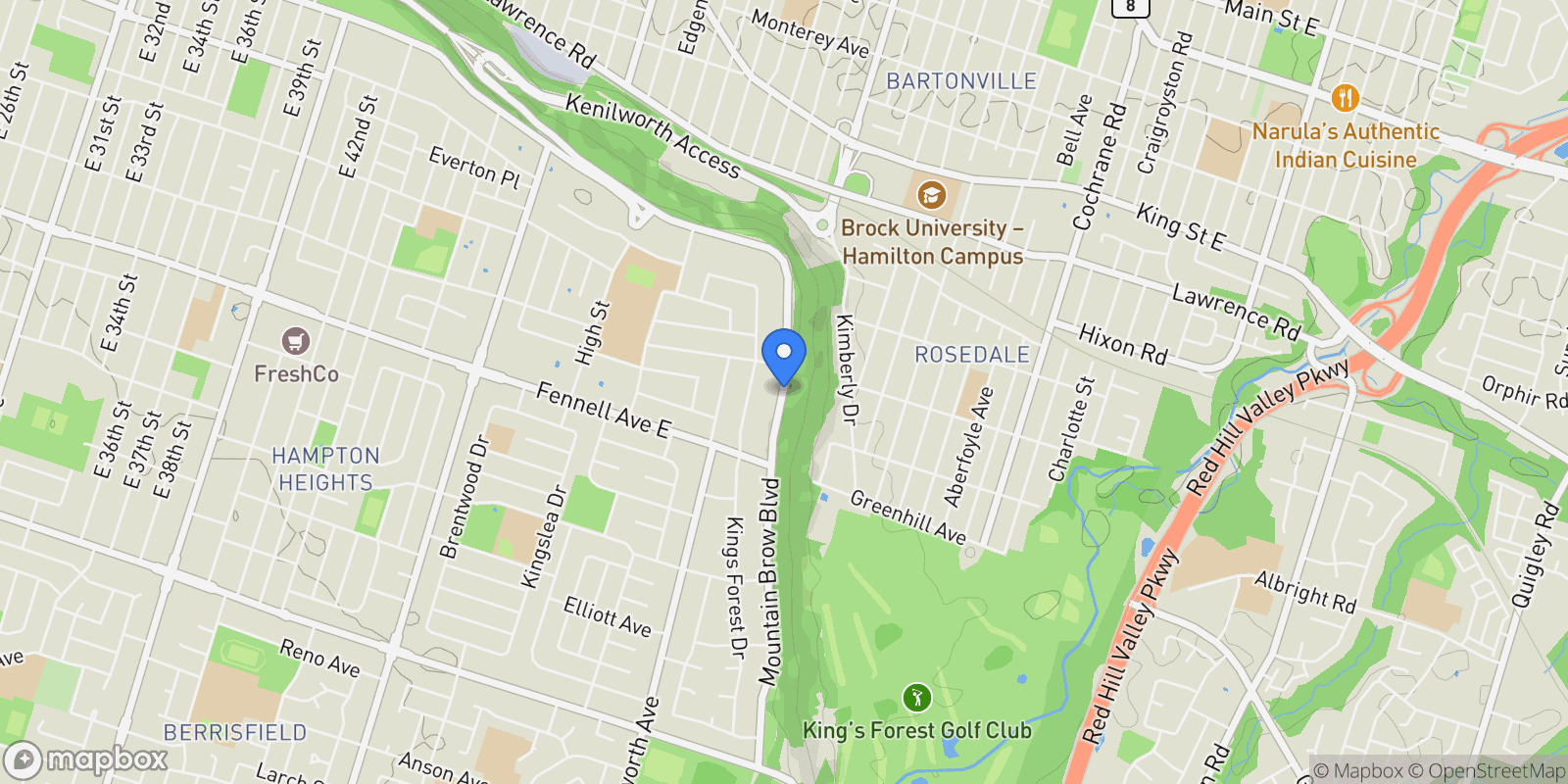 Map showing 404 Mountain Brow Boulevard E, Hamilton, ON L8T 1A7, Hamilton, Ontario, Canada.