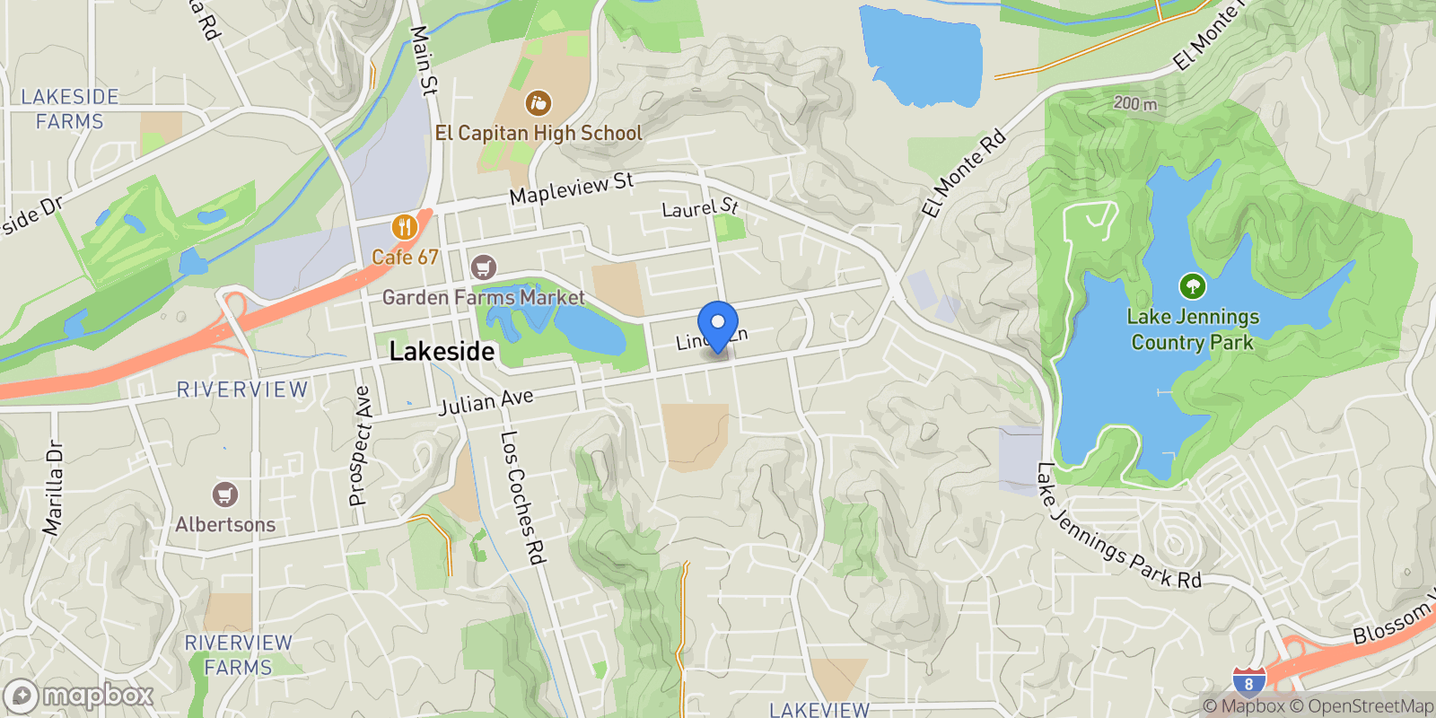 Map showing 13138 Julian Ave, Lakeside, California, United States.