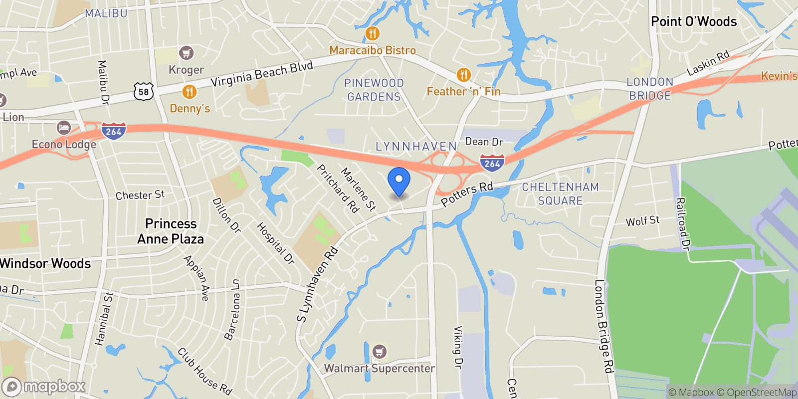 Map showing 258 Gimbert Drive, Virginia Beach, Virginia, United States.
