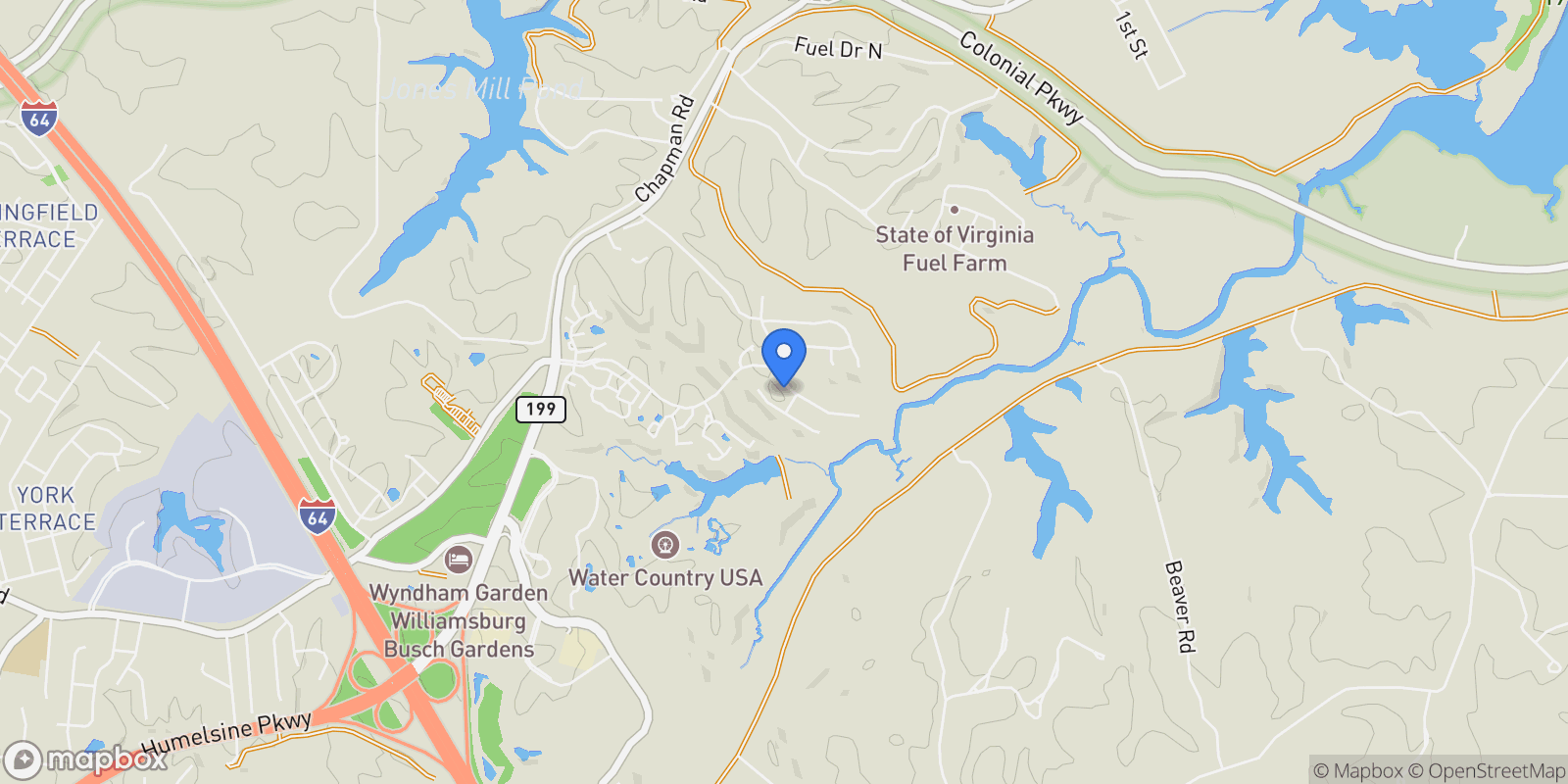 Map showing 204 Woodcreek Road, Williamsburg, Virginia, United States.