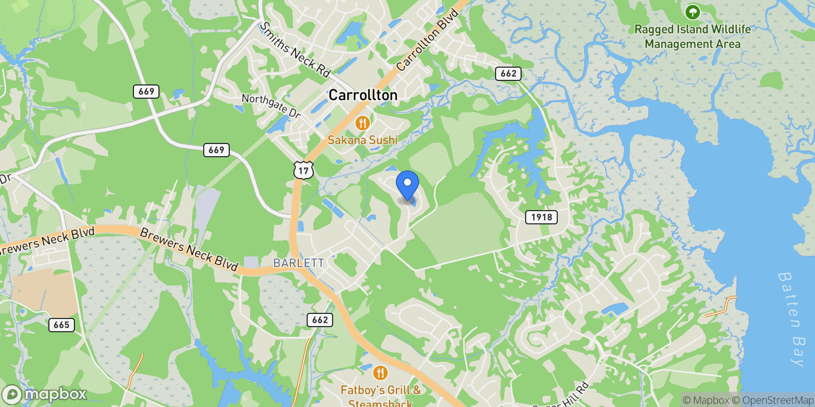 Map showing 2128 MAINSAIL Drive, Carrollton, Virginia, United States.