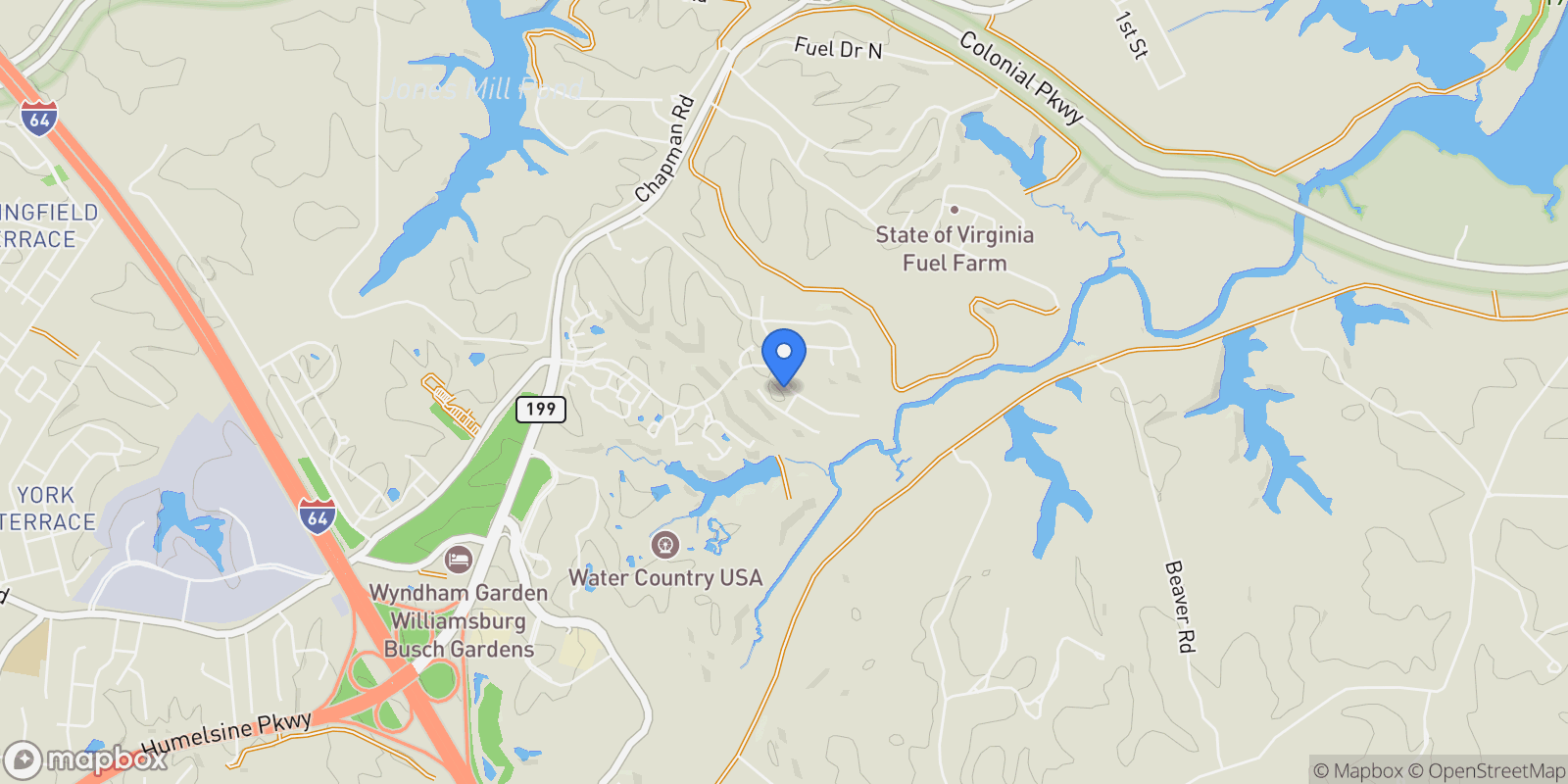 Map showing 215 Woodcreek Road, Williamsburg, Virginia, United States.