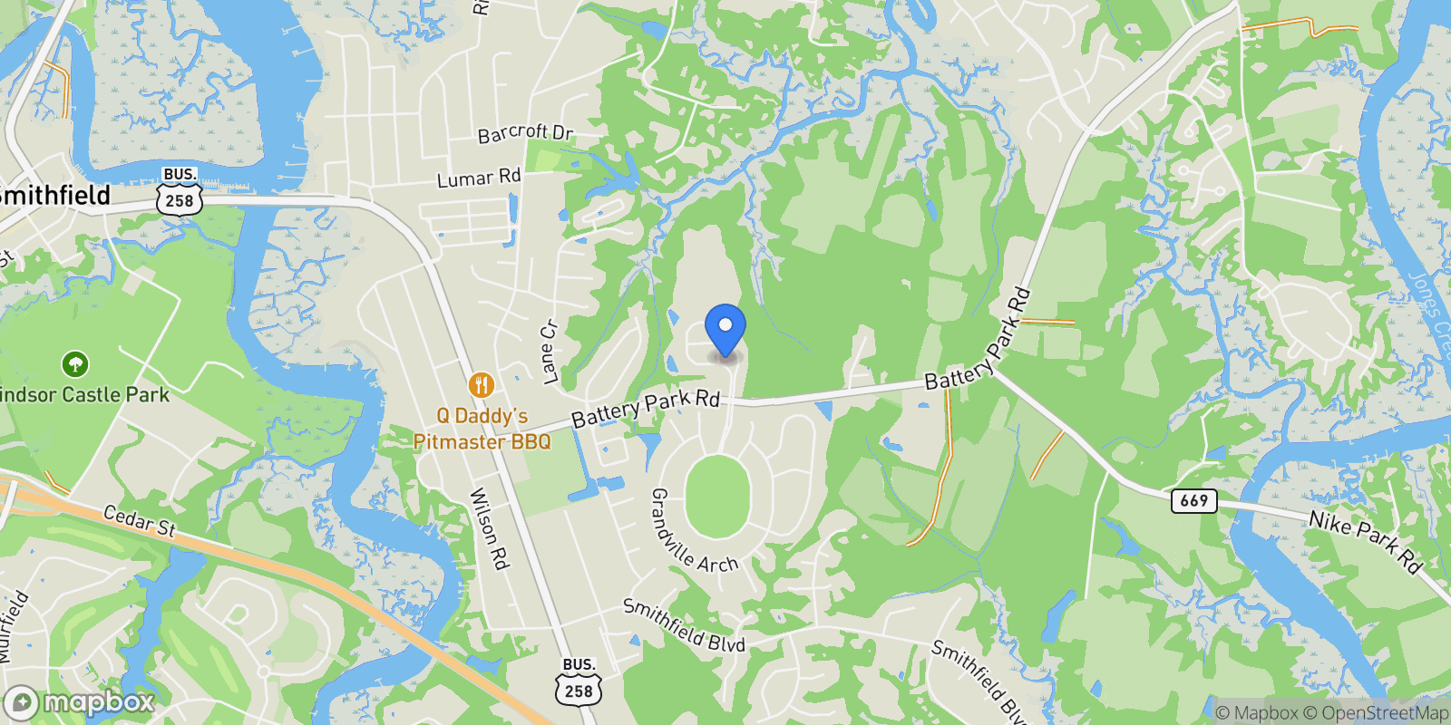Map showing 1433 Wharf Hill Drive, Smithfield, Virginia, United States.
