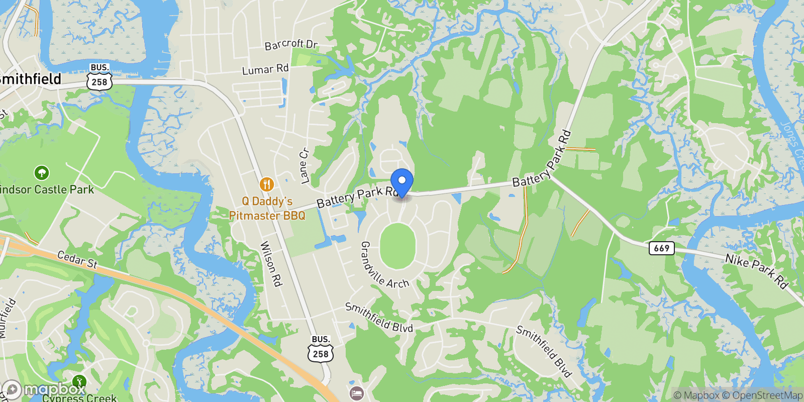 Map showing 1322 Wharf Hill Drive, Smithfield, Virginia, United States.
