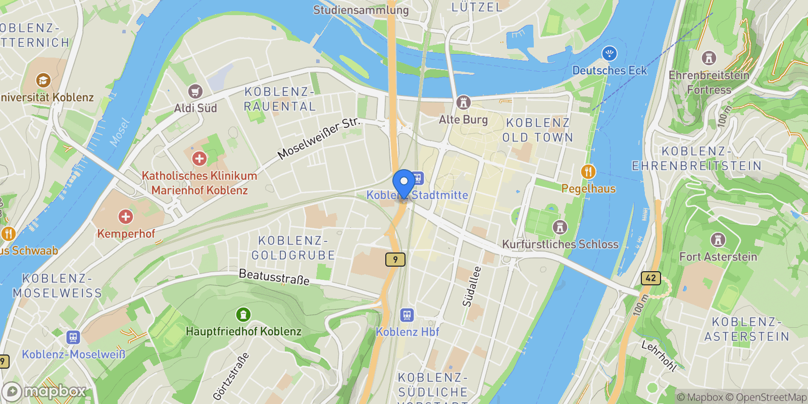Map showing Koblenz, Rhineland-Palatinate, Germany.