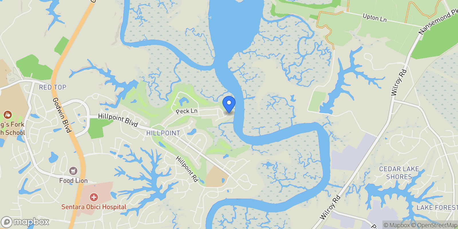 Map showing 105 Corcoran Lane, Suffolk, Virginia, United States.