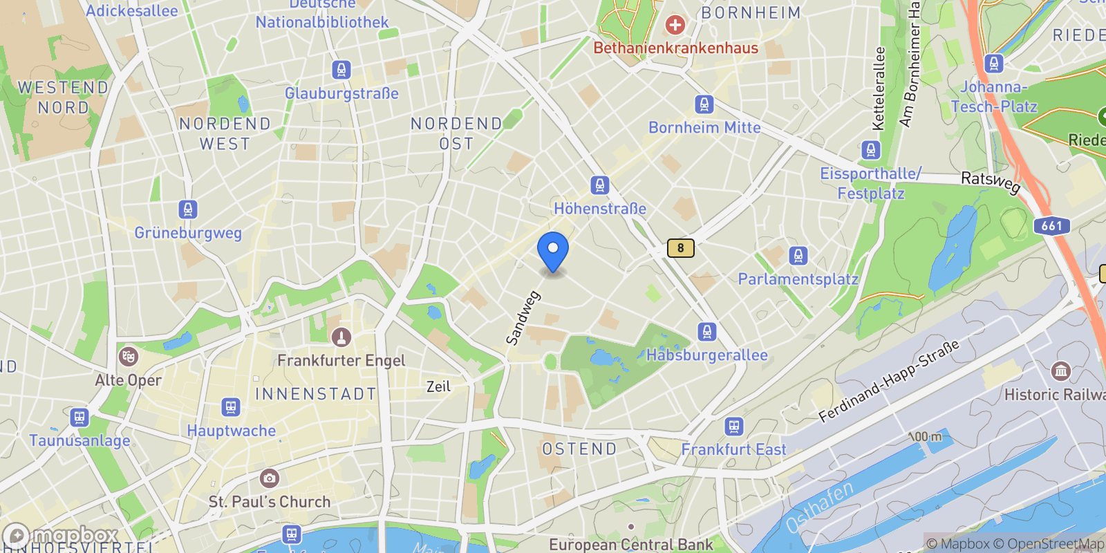Map showing Frankfurt am Main, Hessen, Germany.