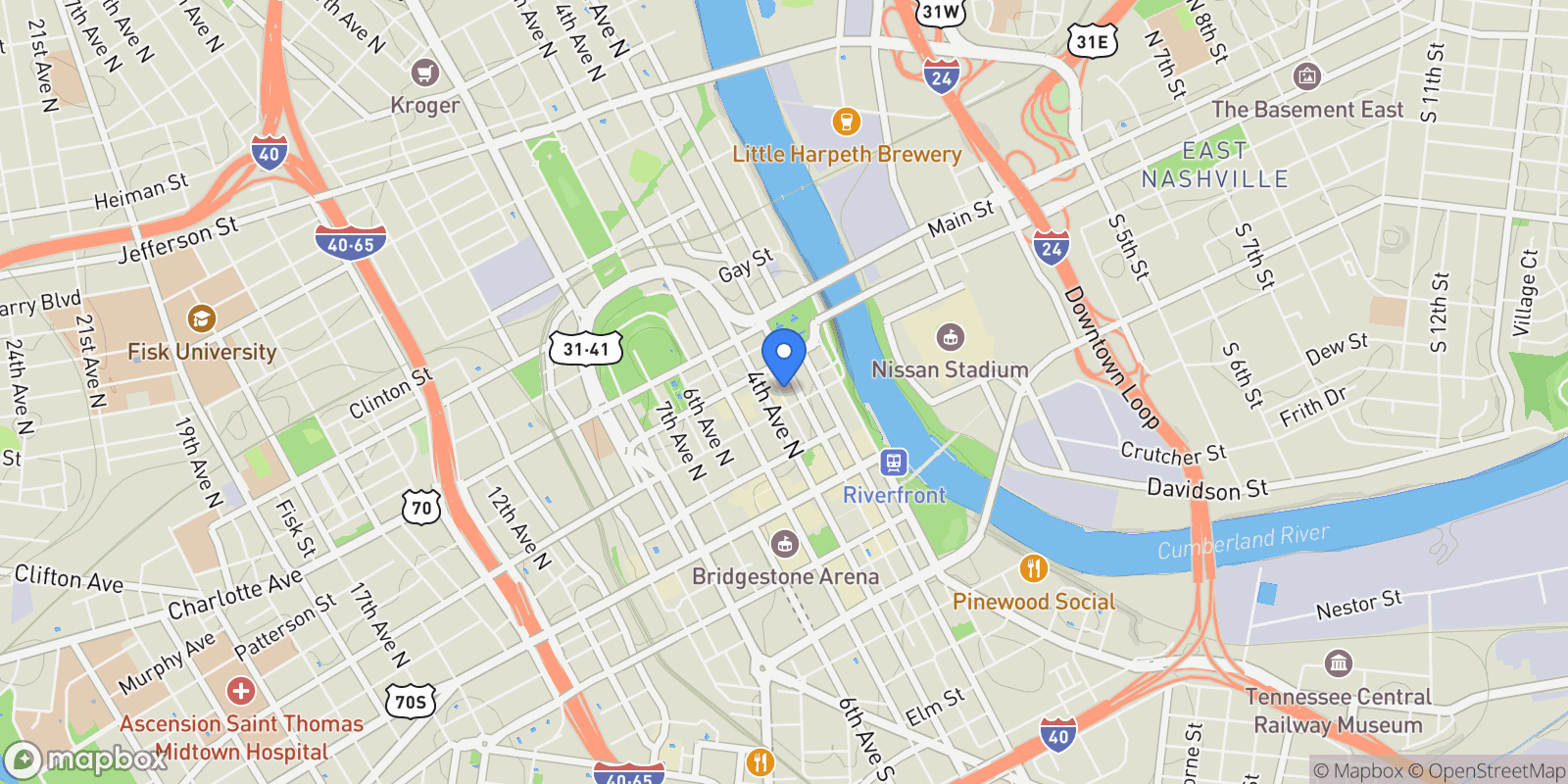 Map showing 211 Printers Aly 300, Nashville, Tennessee, United States.