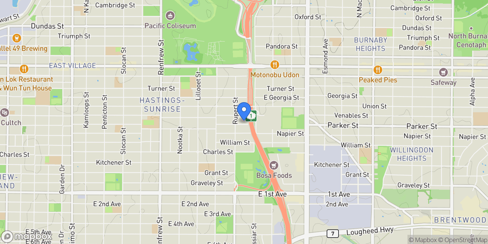 Map showing 3345 Parker Street, Vancouver, BC V5K 2W1, Vancouver, British Columbia, Canada.