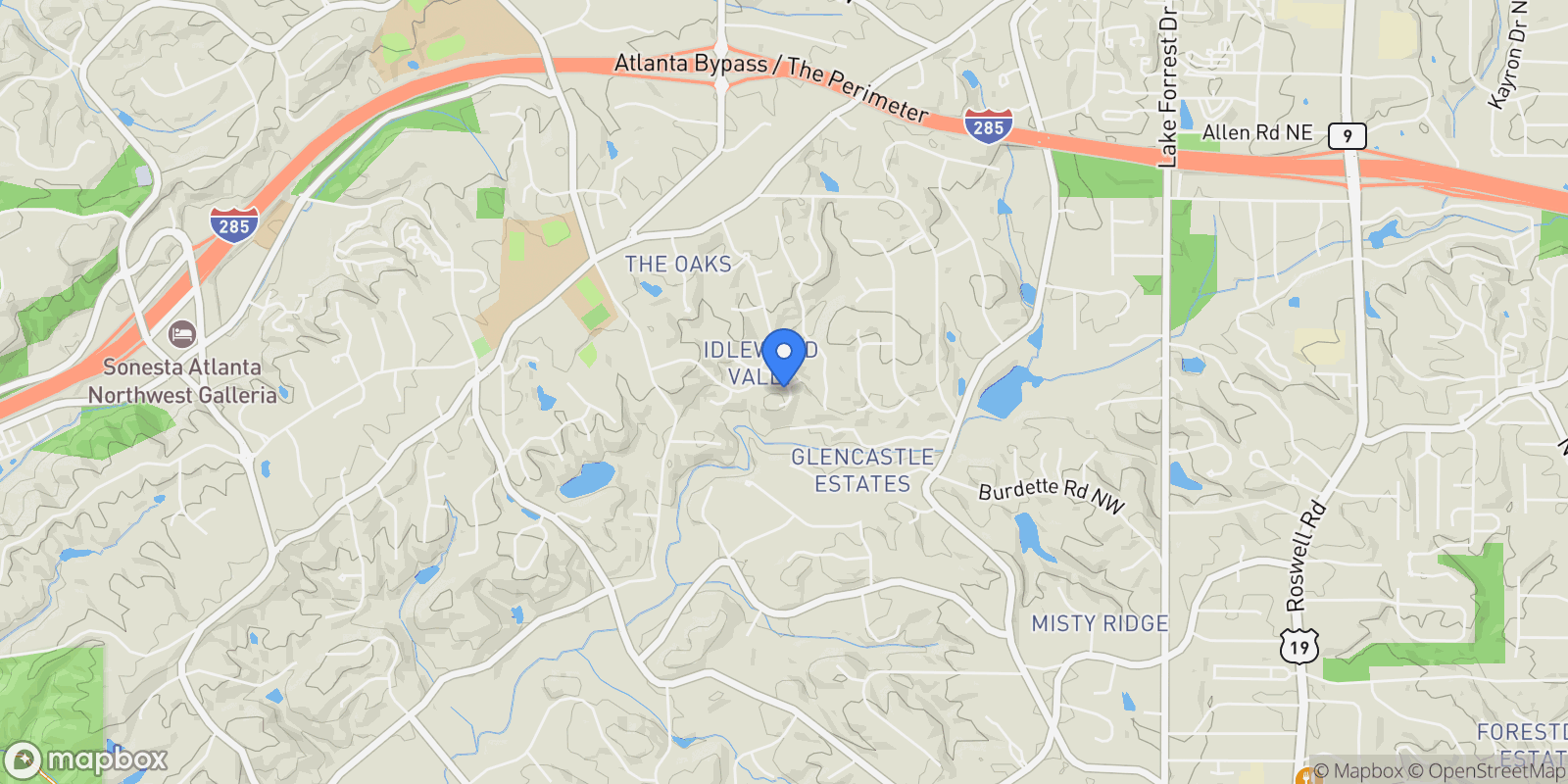 Map showing 5460 E Idlewood Lane, Atlanta, Georgia, United States.