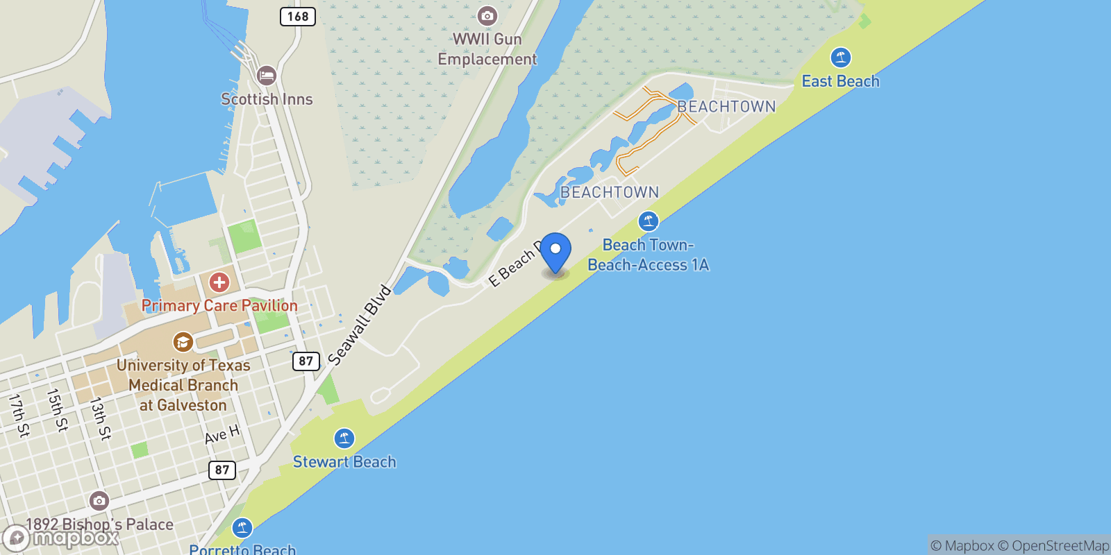 Map showing 801 E Beach Drive TW2606, Galveston, Texas, United States.