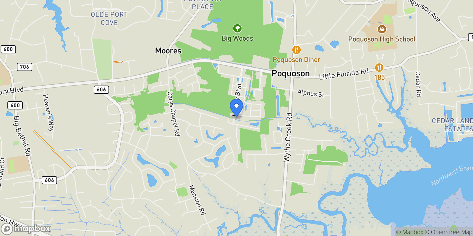 Map showing 322 Watermans Way, Poquoson, Virginia, United States.