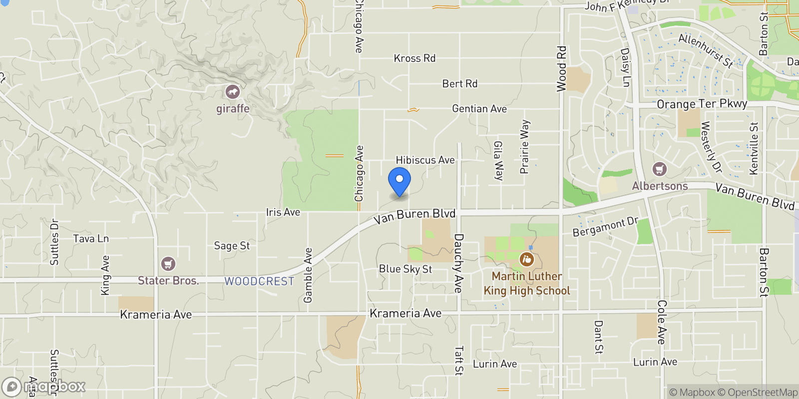 Map showing 18200 Van Buren, Riverside, California, United States.