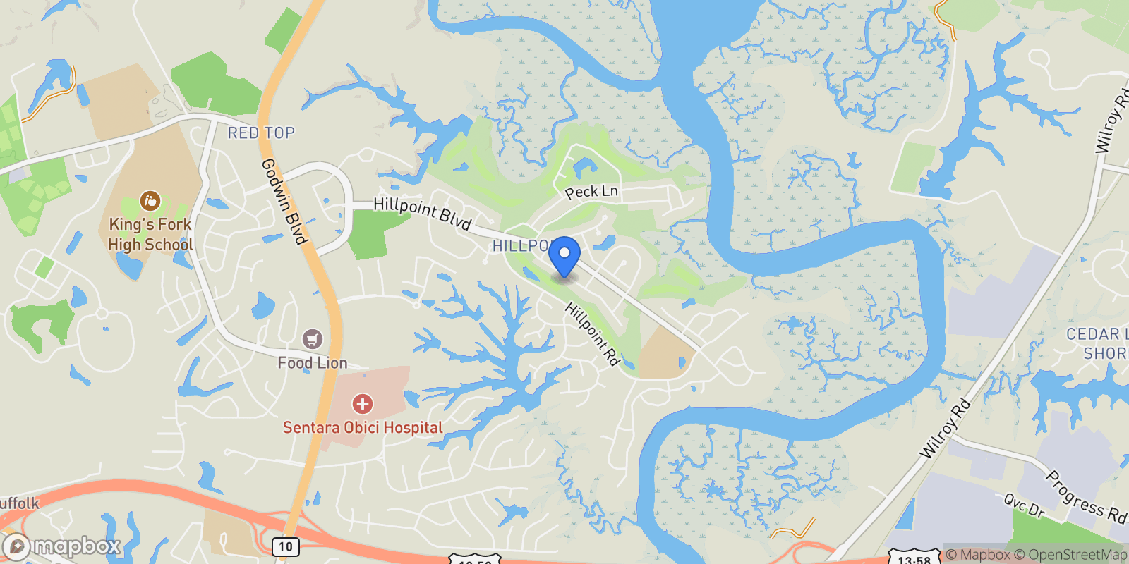 Map showing 8 Apron Drive, Suffolk, Virginia, United States.