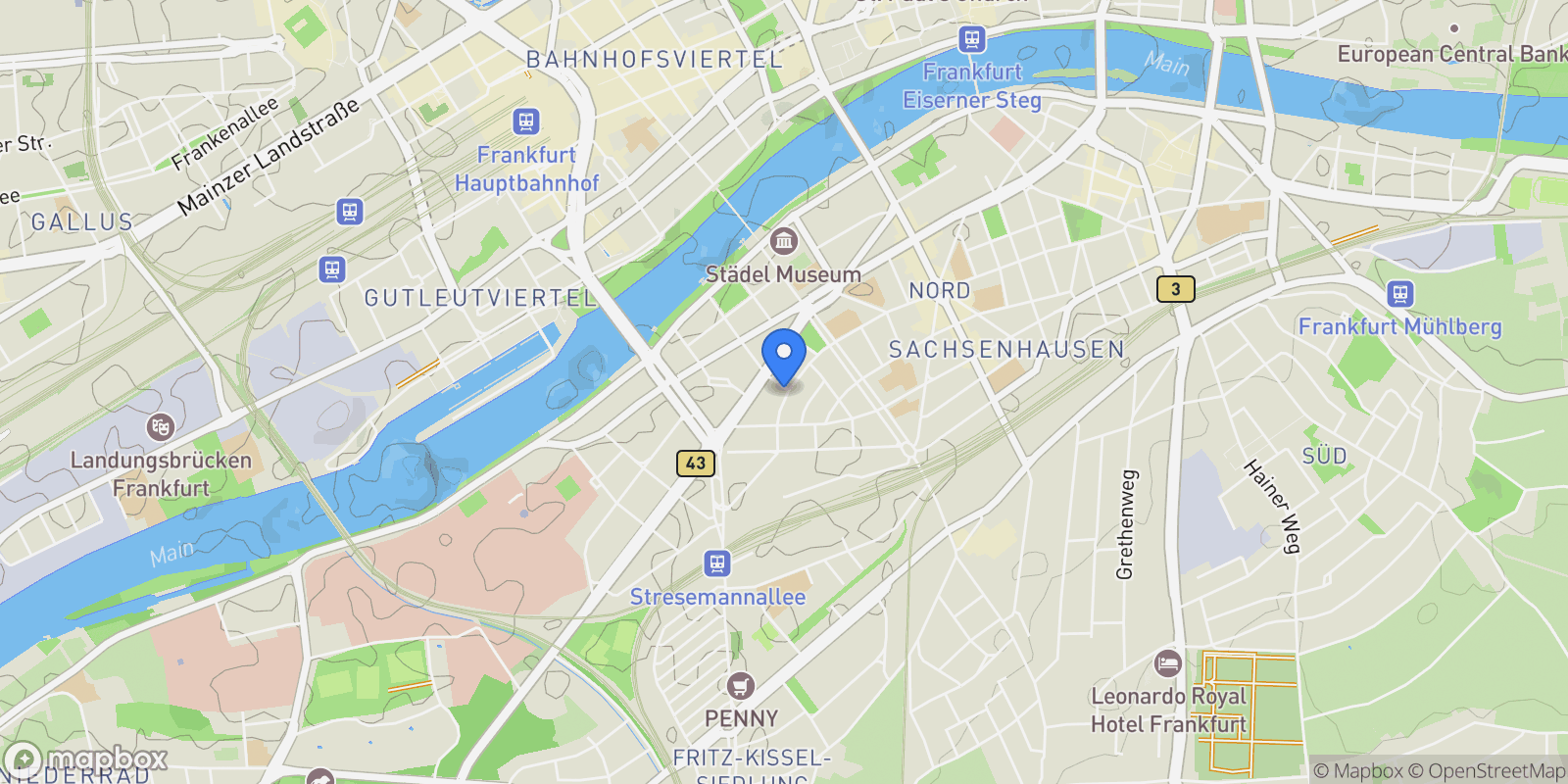 Map showing Frankfurt am Main, Hessen, Germany.