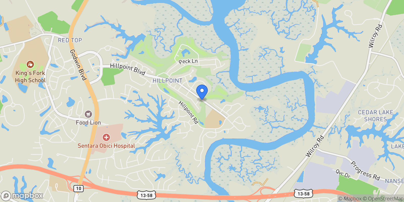 Map showing 108 Brassy Street, Suffolk, Virginia, United States.