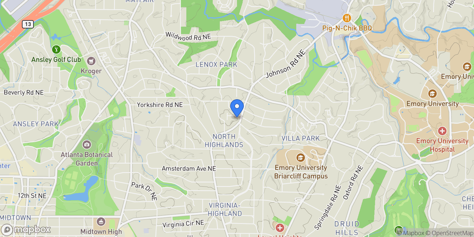 Map showing 1087 High Point Drive, Atlanta, GA 30306, Atlanta, Georgia, United States.