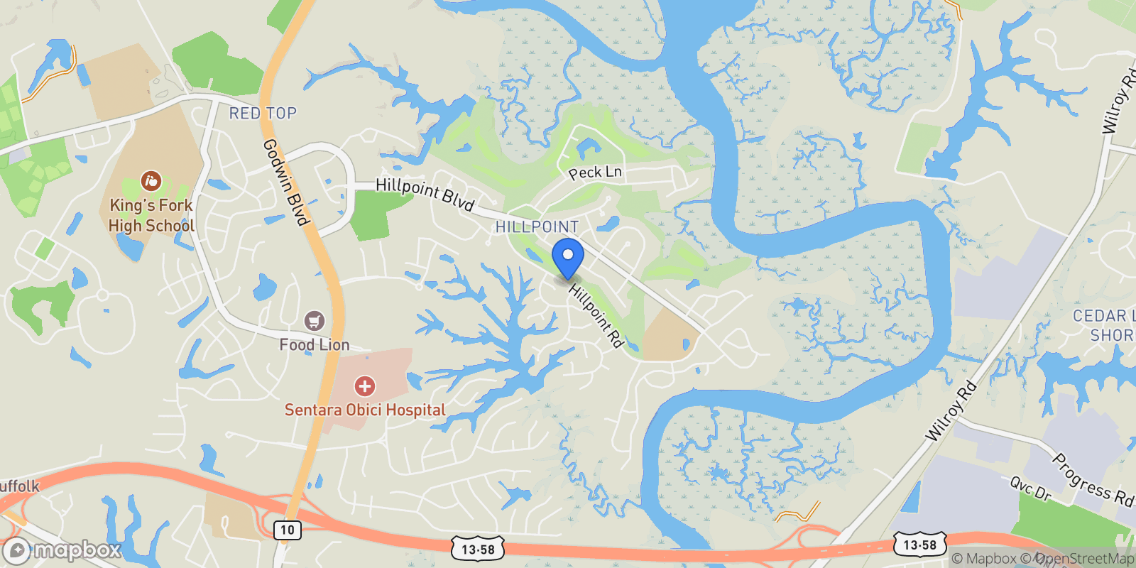 Map showing 1 Apron Drive, Suffolk, Virginia, United States.