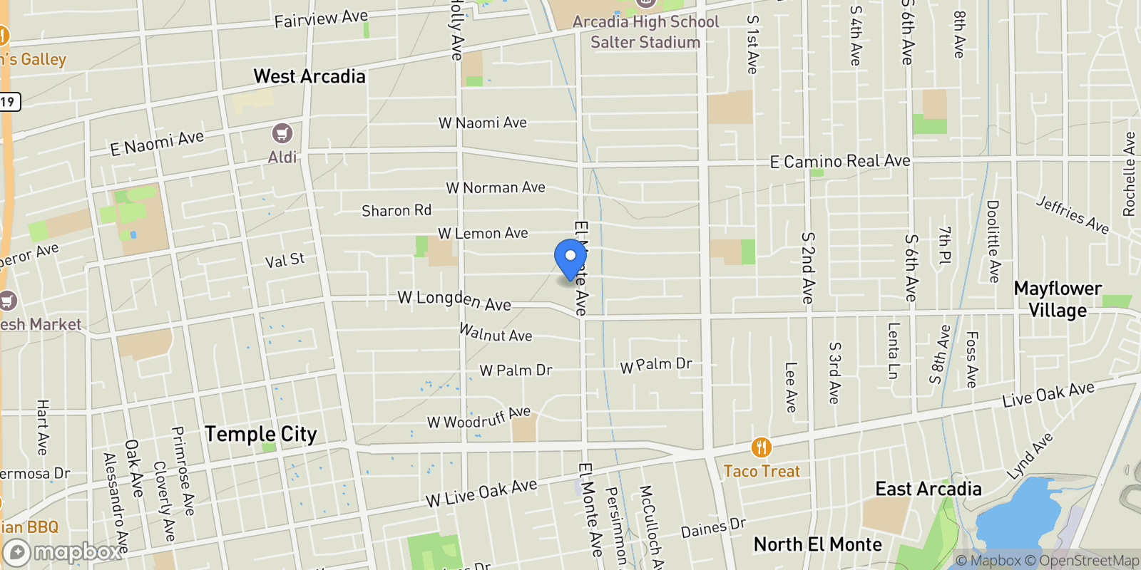 Map showing 212 W Las Flores Avenue, Arcadia, California, United States.