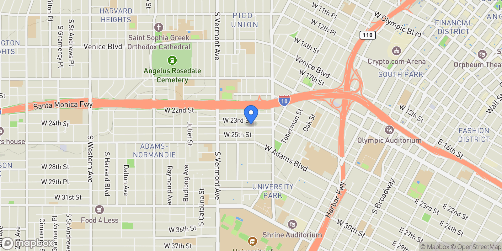 Map showing 1213 W 24th Street, Los Angeles, California, United States.