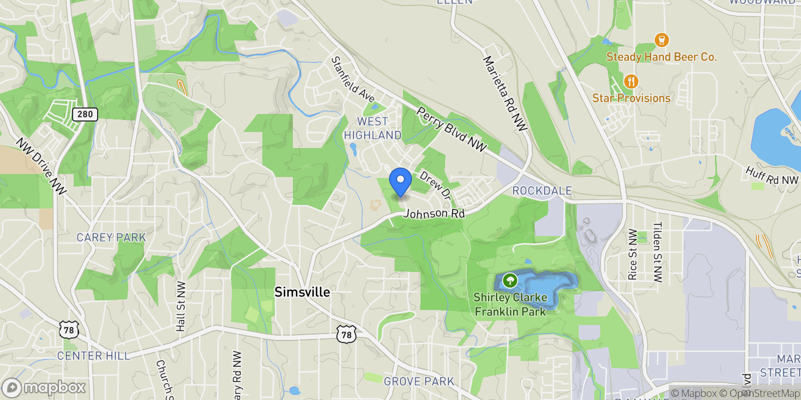 Map showing 1536 Habershal Road NW, Atlanta, GA 30318, Atlanta, Georgia, United States.