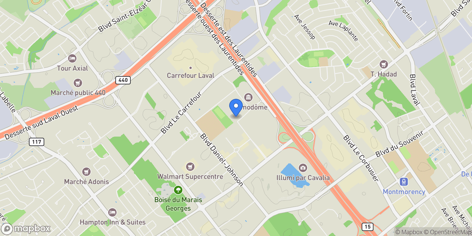 Map showing 2825 Av. du Cosmodôme, Apt. 1401, Chomedey, QC H7T0N3, Laval, Quebec, Canada.