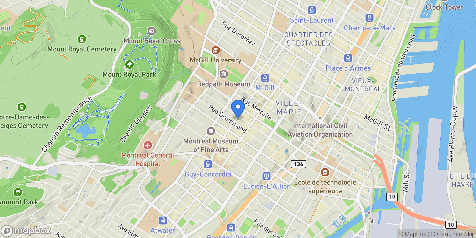 Map showing 1200 Boul. De Maisonneuve O., Apt. 4G, Montreal, QC H3A0A1, Montréal, Quebec, Canada.