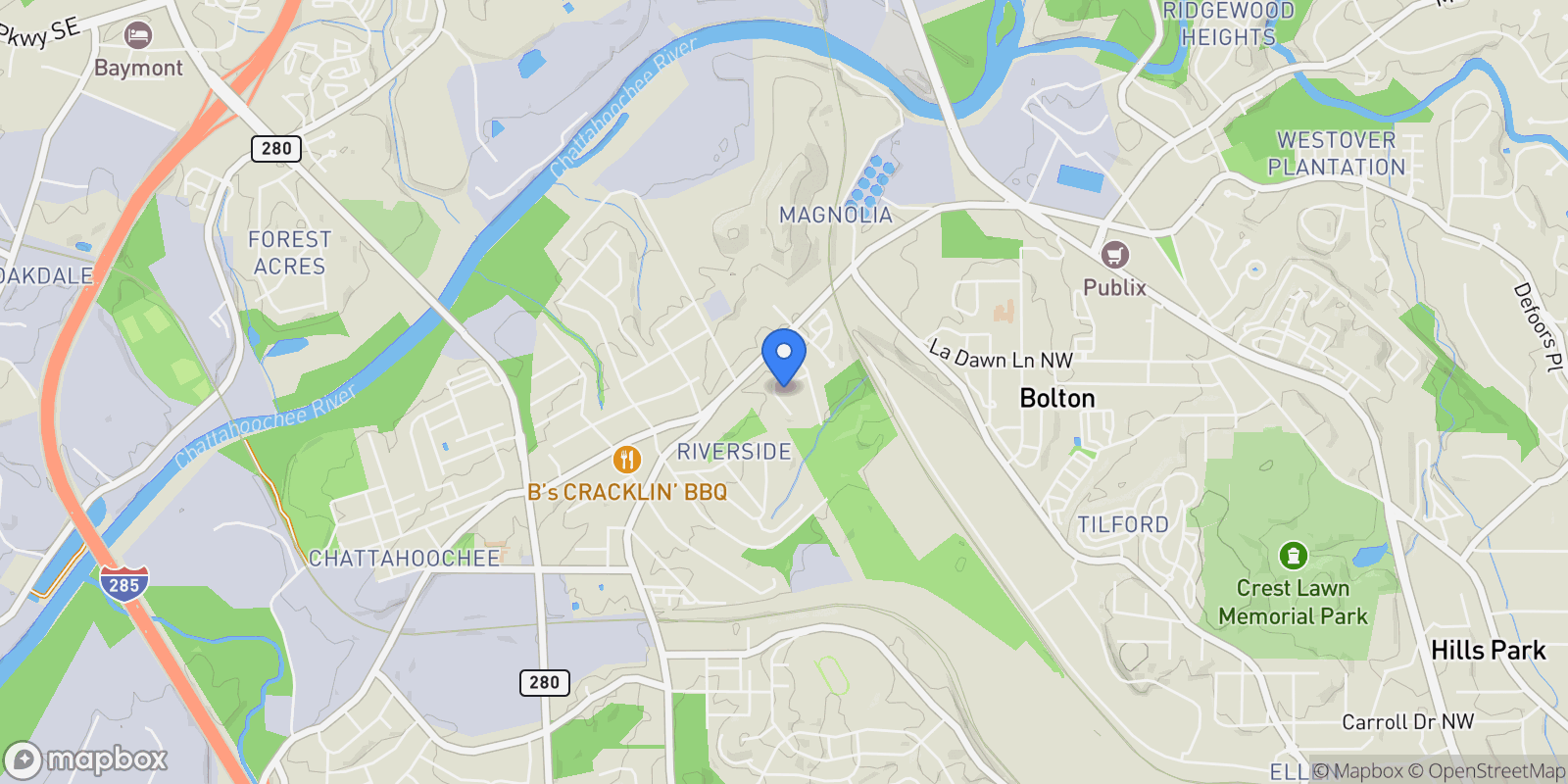 Map showing 2199 Collins Ridge Drive NW, Atlanta, GA 30318, Atlanta, Georgia, United States.