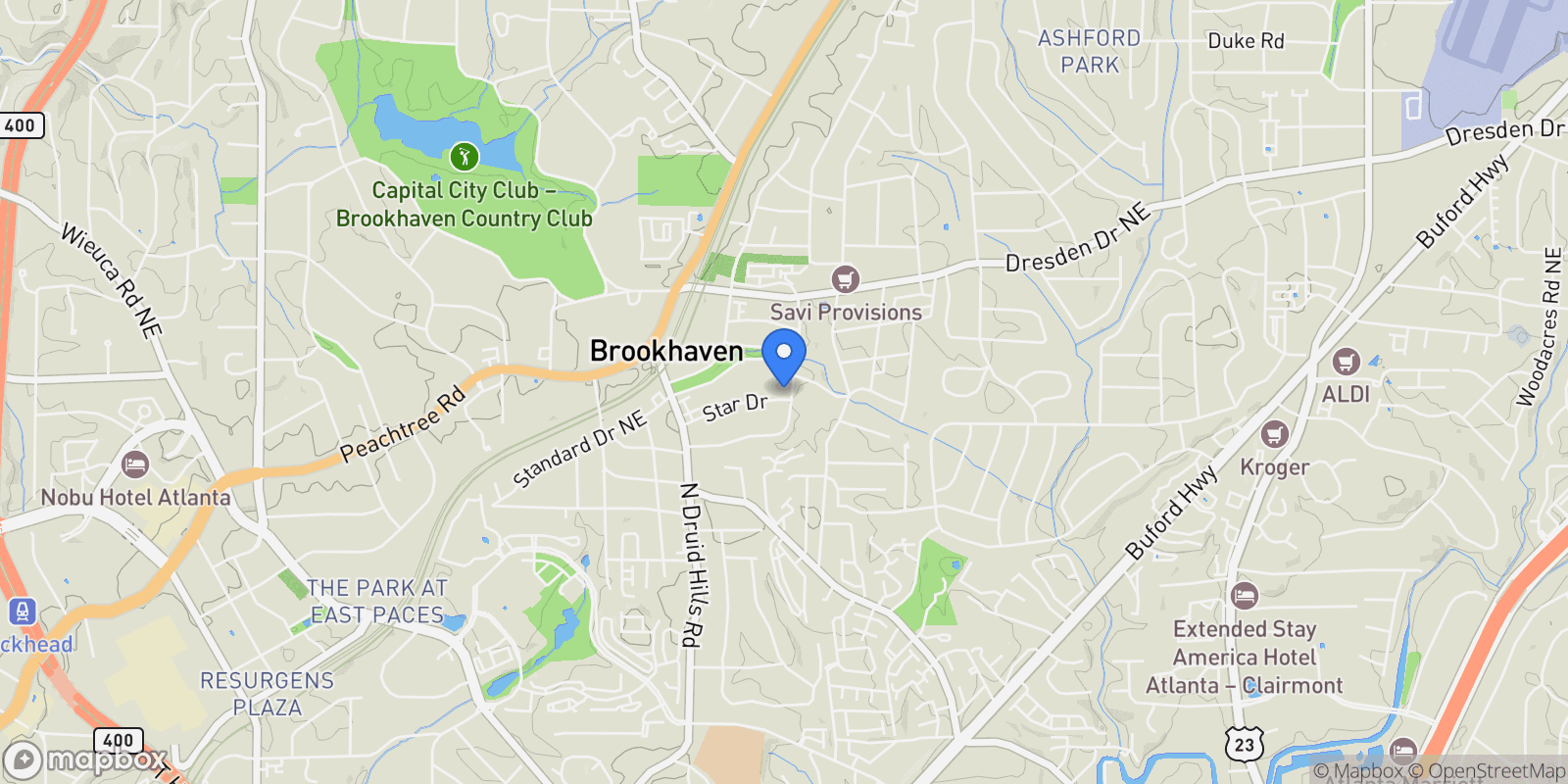 Map showing 1385 Sylvan Circle NE, Brookhaven, GA 30319, Brookhaven, Georgia, United States.