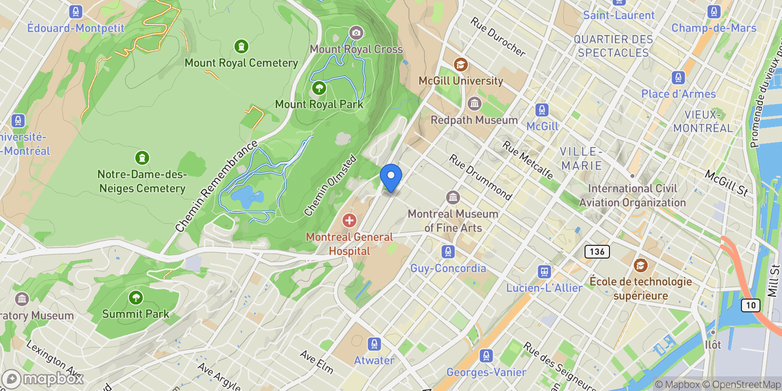 Map showing 1501 Av. du Docteur-Penfield, Apt. 1, Montreal, QC H3G1C6, Montreal, Quebec, Canada.