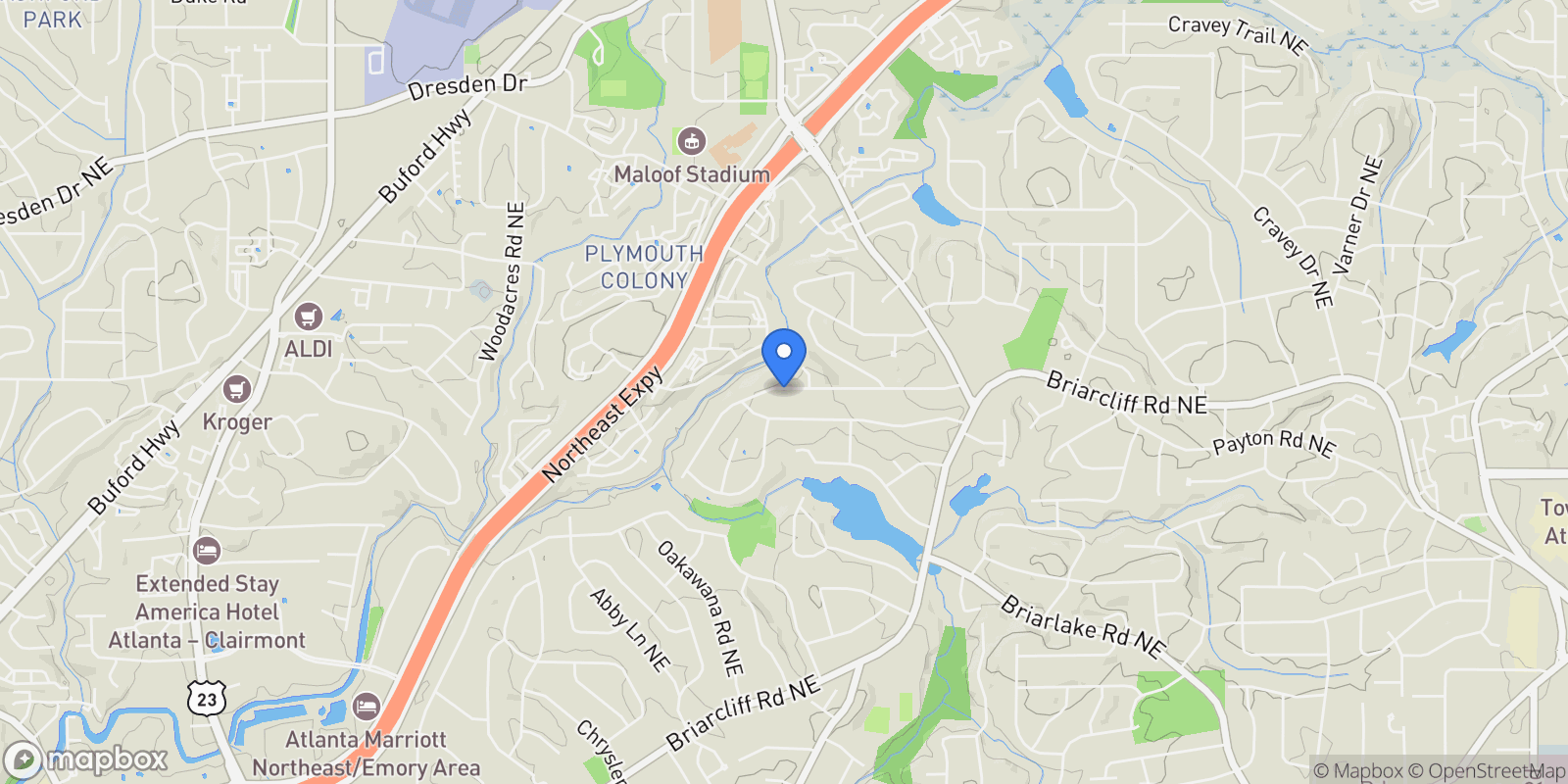 Map showing 2423 Melinda Drive NE, Atlanta, Georgia, United States.