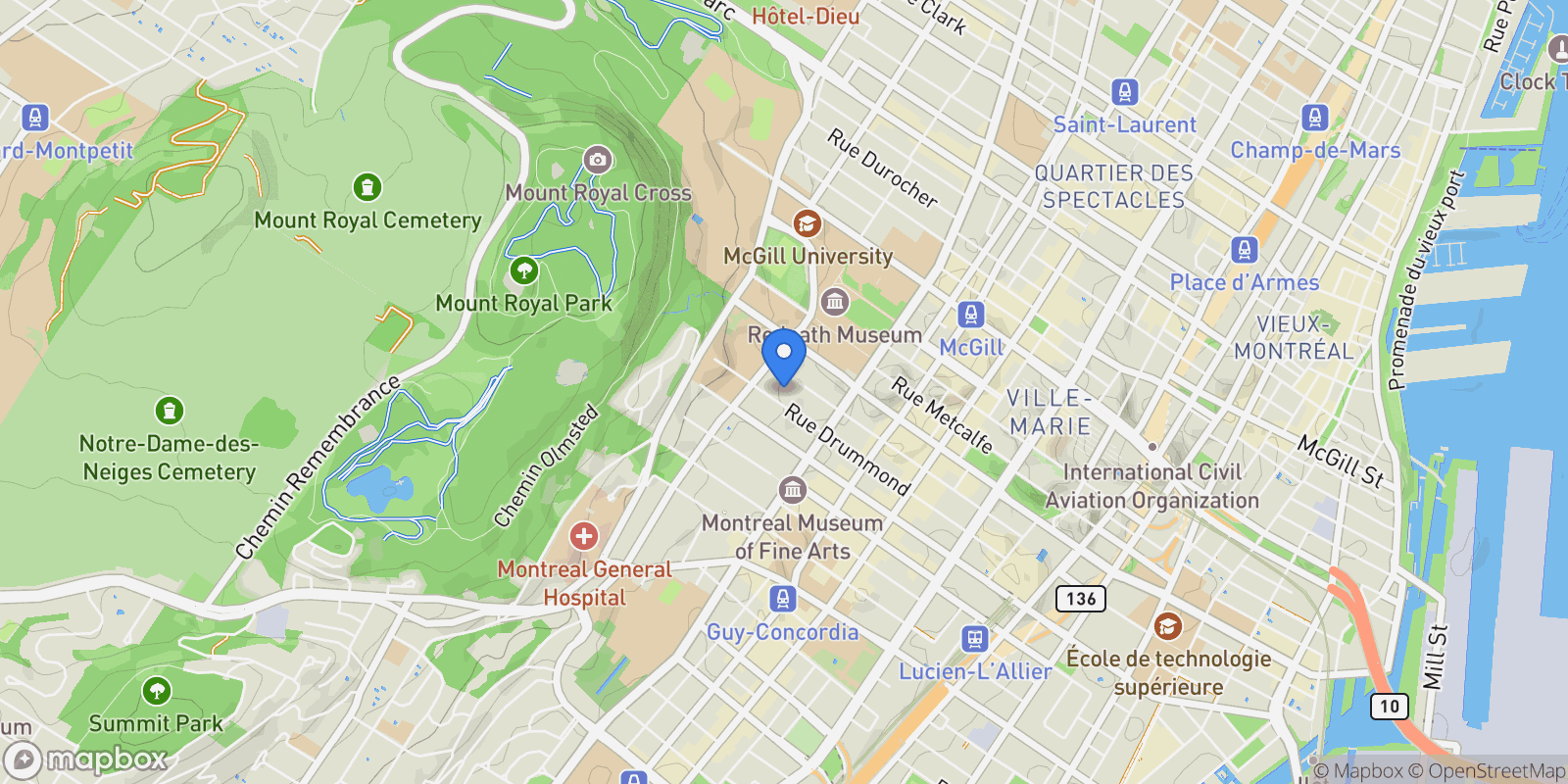 Map showing 3455 Rue Drummond, Apt. 807, Montreal, QC H3G2R6, Montreal, Quebec, Canada.