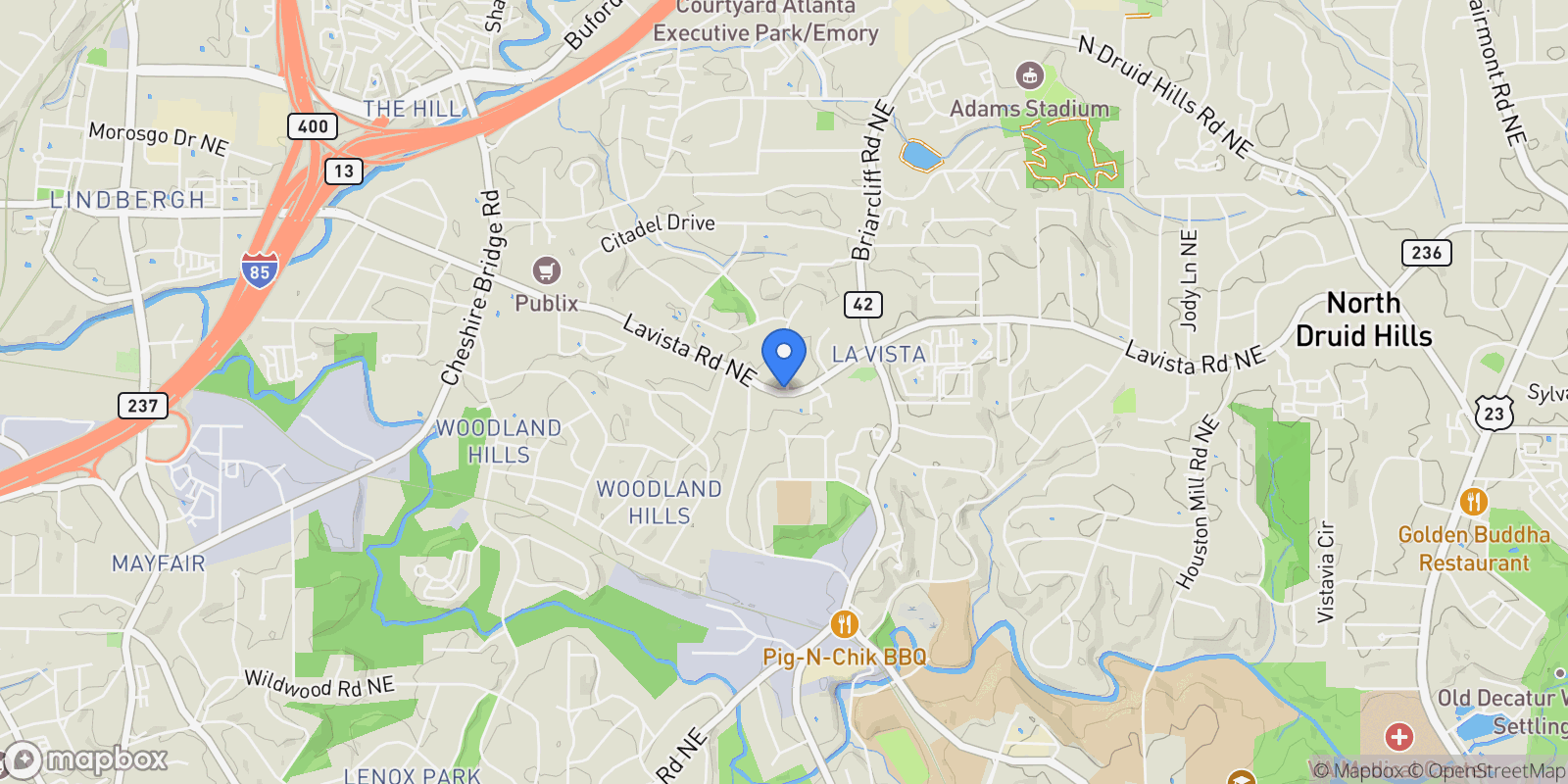 Map showing 1192 Bernadette Lane NE, Brookhaven, GA 30329, Brookhaven, Georgia, United States.