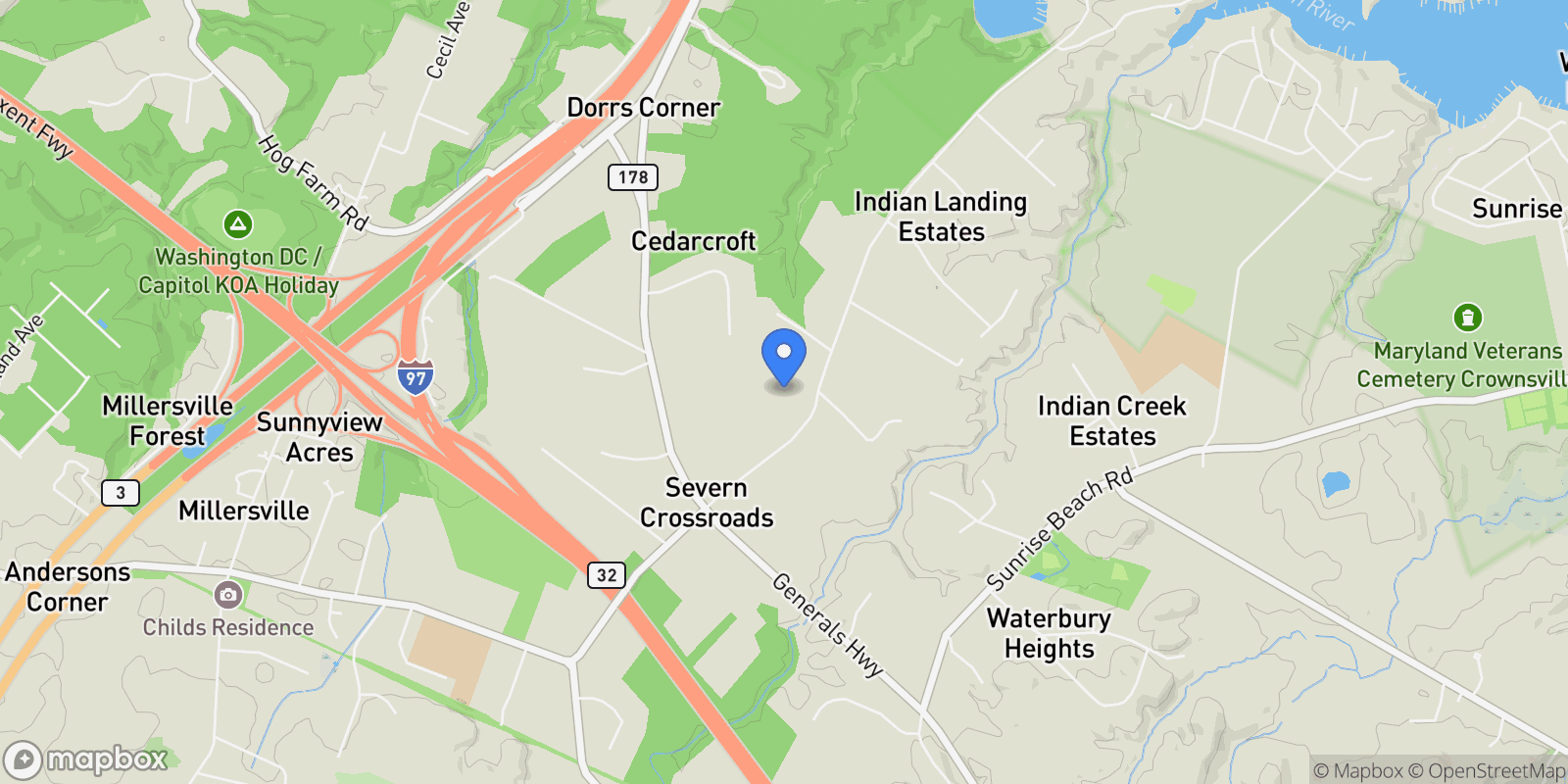 Map showing 1220 INDIAN LANDING RD, MILLERSVILLE, MD, 21108, USA, Millersville, Maryland, United States.