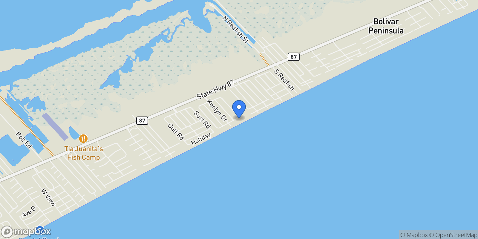 Map showing 2728 Gillespie, Bolivar Peninsula, Texas, United States.