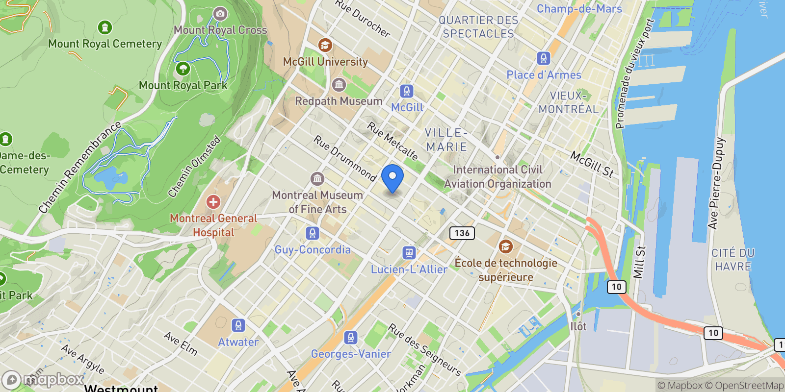 Map showing 1200 Rue Drummond, Apt. 512, Montreal, QC H3G1V7, Montreal, Quebec, Canada.