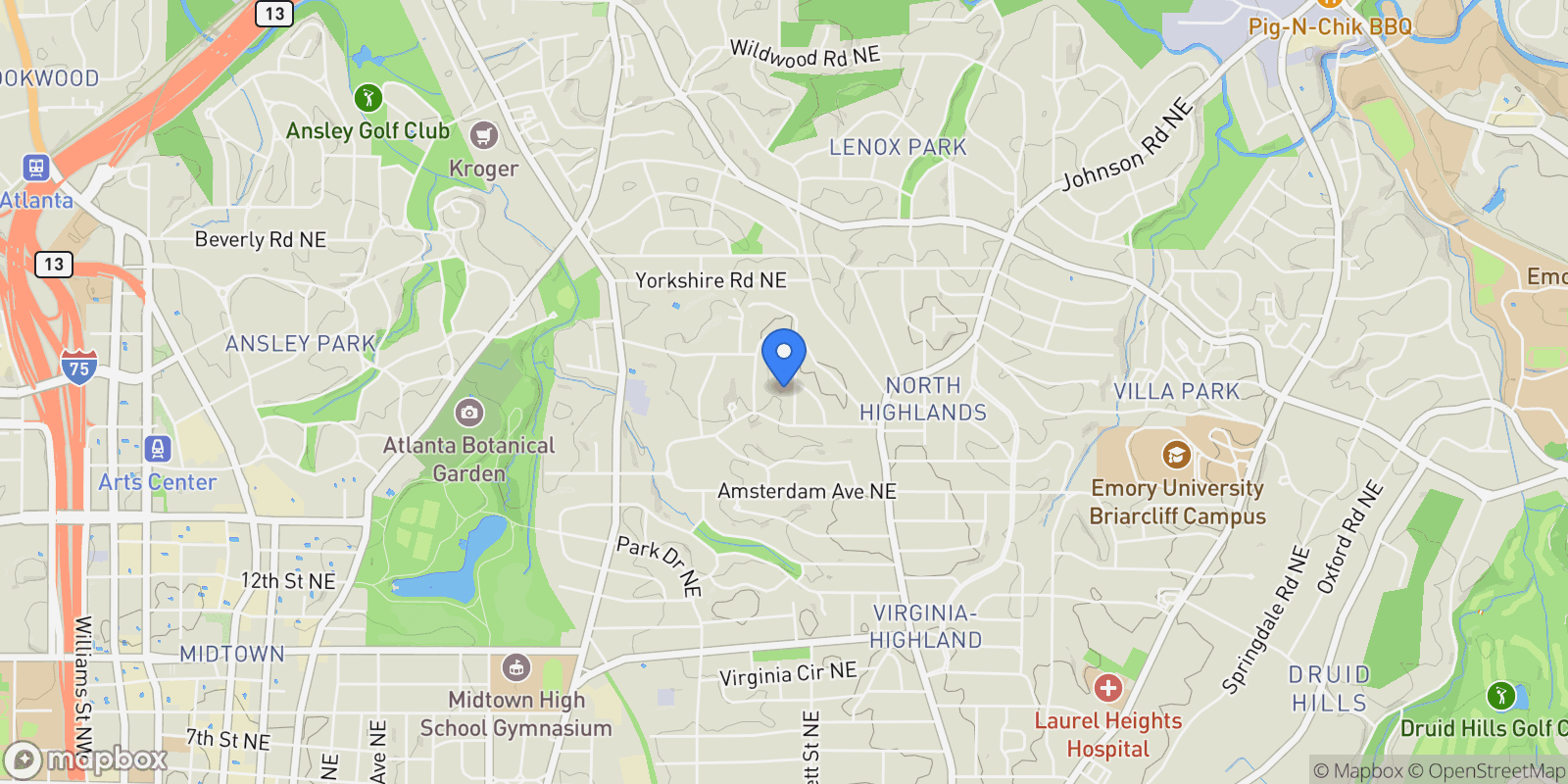 Map showing 1338 Wayne Avenue NE, Atlanta, GA 30306, Atlanta, Georgia, United States.