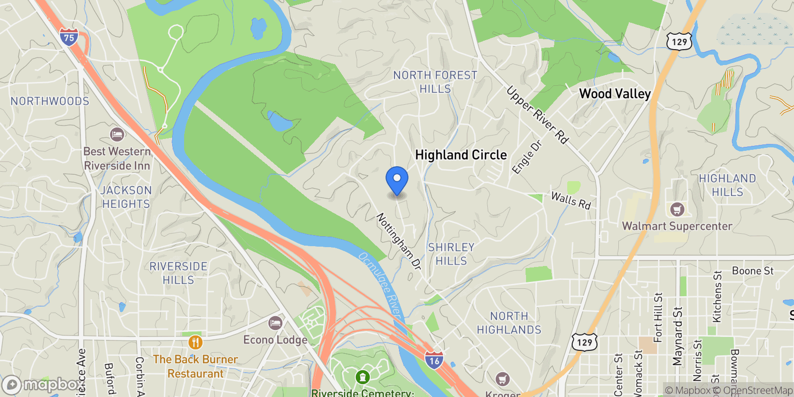 Map showing 1464 Twin Pines Drive, Macon, GA 31211, Macon, Georgia, United States.
