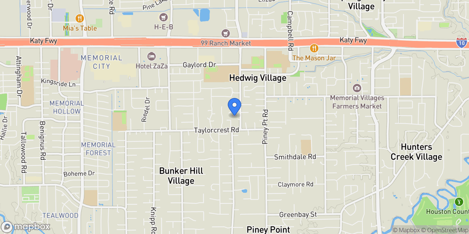 Map showing 2 Blalock Pines Court, Hedwig Village, Texas, United States.
