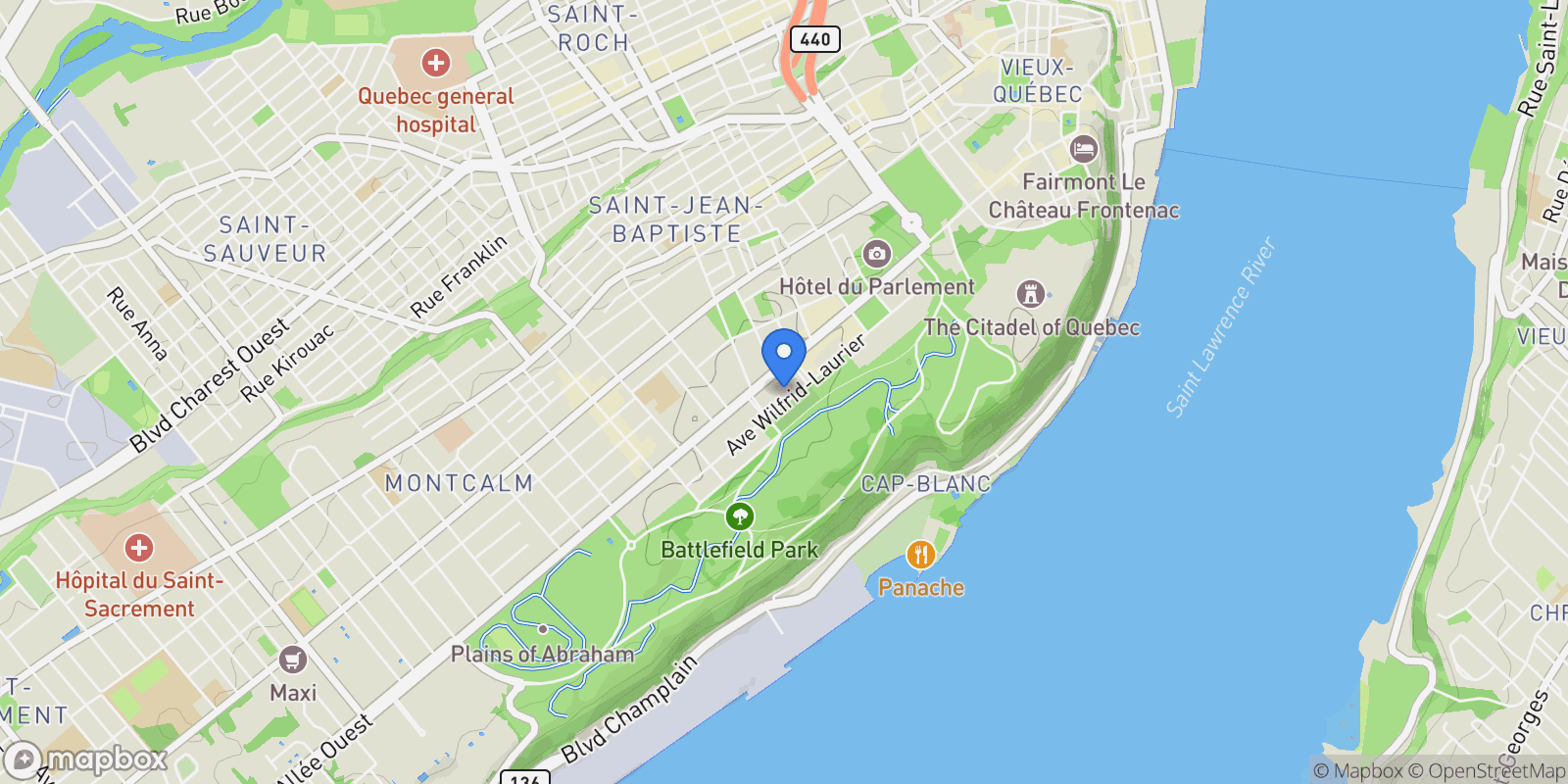 Map showing 490 Av. Wilfrid-Laurier, La Cité, QC G1R2L2, Quebec City, Quebec, Canada.