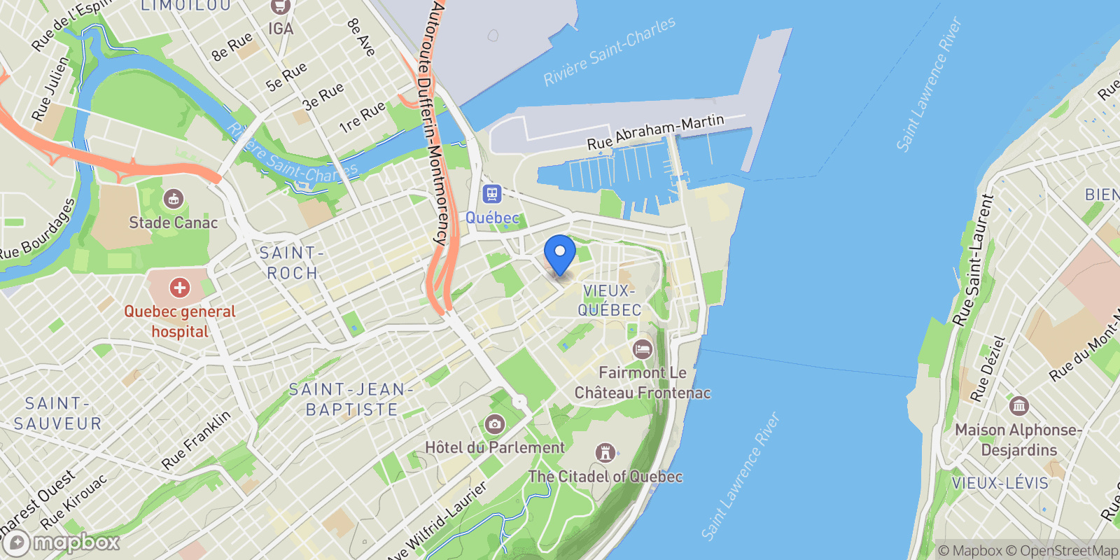 Map showing 29 Côte du Palais, Apt. 205, La Cité, QC G1R4H9, Quebec City, Quebec, Canada.
