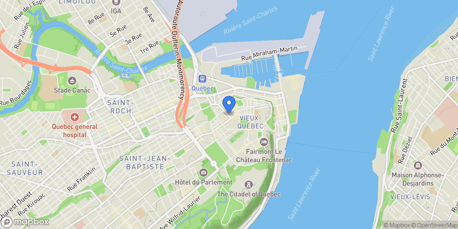 Map showing 29 Côte du Palais, Apt. 206G, La Cité, QC G1R4H9, Quebec City, Quebec, Canada.