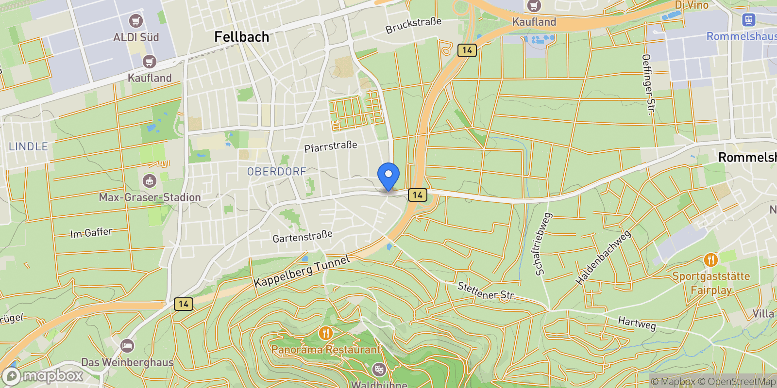 Map showing Fellbach, Baden-Württemberg, Germany.